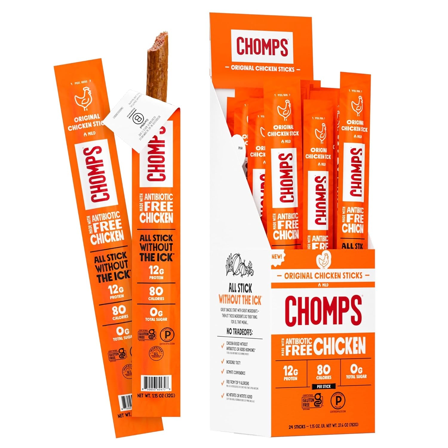 Chomps Original Chicken Jerky Meat Snack Sticks 24-Pack - Keto, Paleo, Low Carb, Whole30 Approved, 12G Lean Meat Protein, Gluten Free, Antibiotic Free, Zero Sugar Food