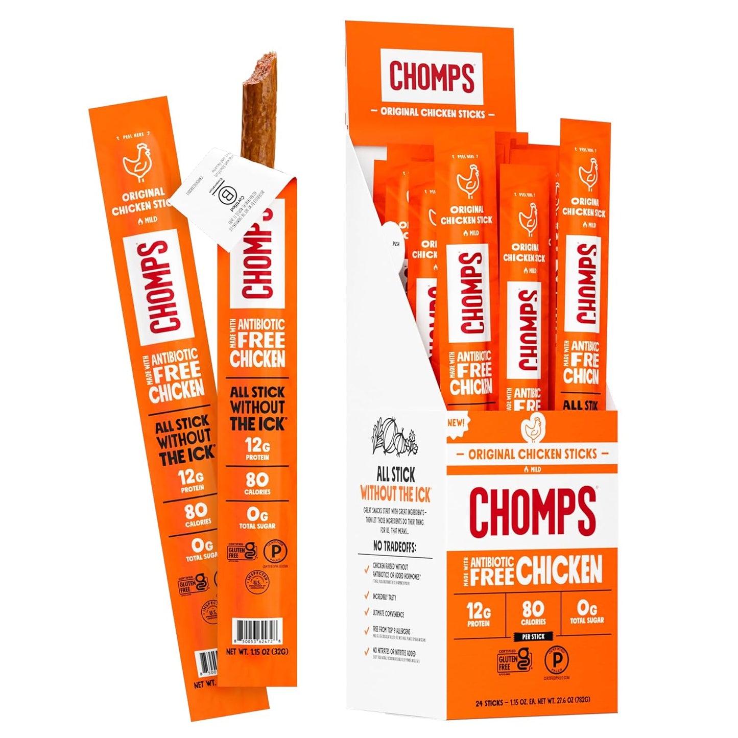 Chomps Original Chicken Jerky Meat Snack Sticks 24-Pack - Keto, Paleo, Low Carb, Whole30 Approved, 12G Lean Meat Protein, Gluten Free, Antibiotic Free, Zero Sugar Food