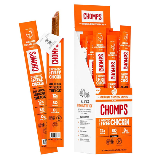 Chomps Original Chicken Jerky Meat Snack Sticks 24-Pack - Keto, Paleo, Low Carb, Whole30 Approved, 12G Lean Meat Protein, Gluten Free, Antibiotic Free, Zero Sugar Food
