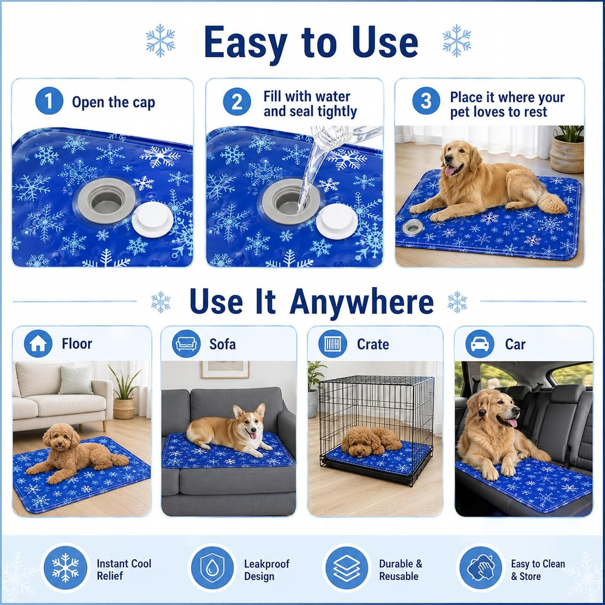 Pet Cooling Mat for Dogs & Cats (36"X24"), Non-Toxic Water-Activated Gel Ice Pad, Scratch Resistant & Leakproof Summer Dog Bed, Washable Seat Cushion for Pet, Sofa, Car (Snowflake Patterns)
