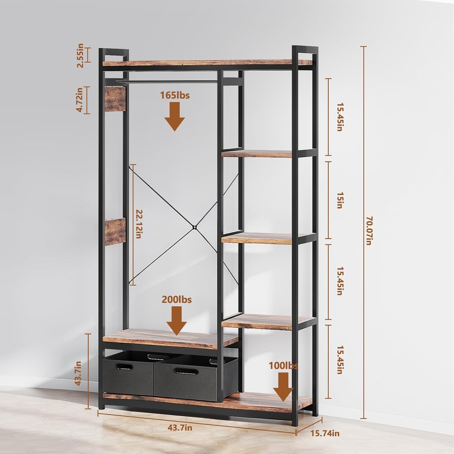 Clothes Rack, Heavy Duty Garment Rack for Clothes, Industrial Clothing Racks with Shelves, 2 Fabric Drawers and 6 Side Hooks, Freestanding Metal Wooden Closet Organizer, Rustic Brown ZER-010