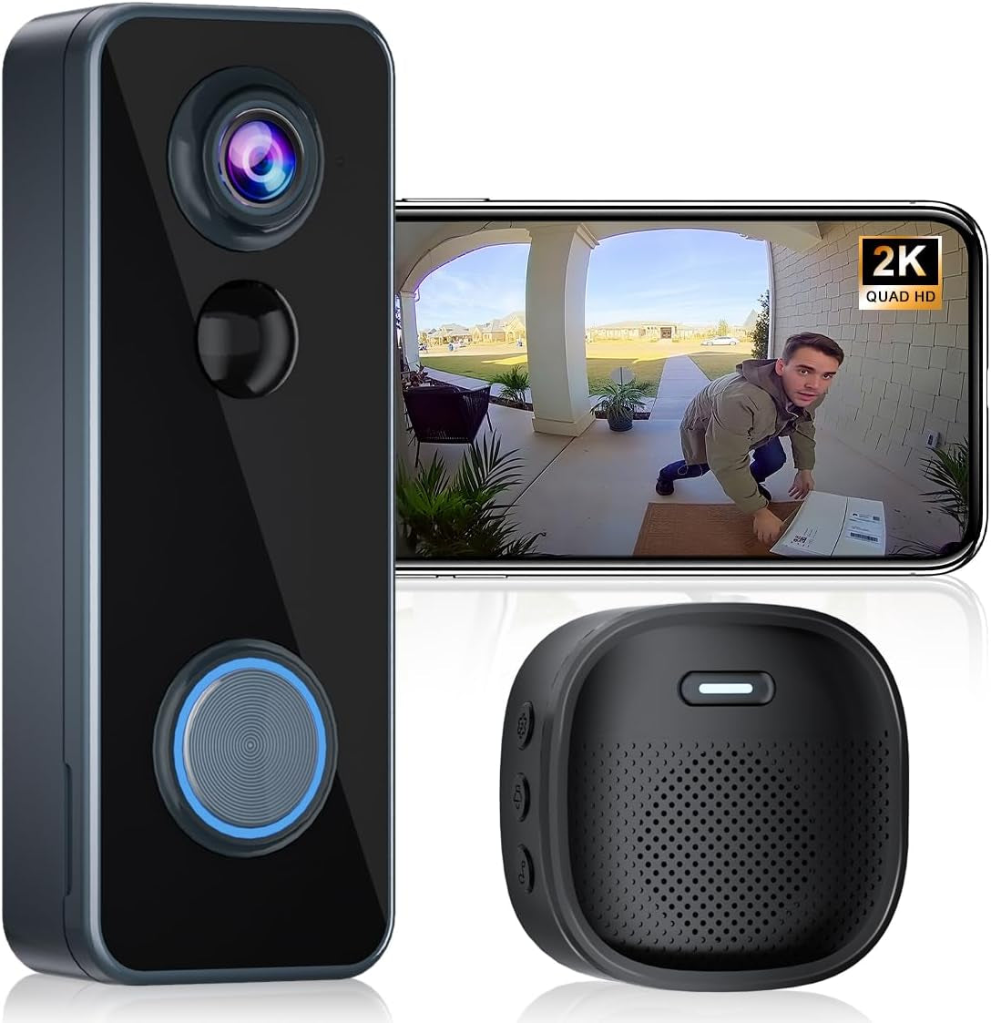 Doorbell Camera Wireless,Head-To-Toe Video - No Subscription Required,2K HD Live View,Two-Way Talk,Smart Video Doorbell with Chime,Motion Alerts,Compatible with Alexa &Google(2.4G Wifi)
