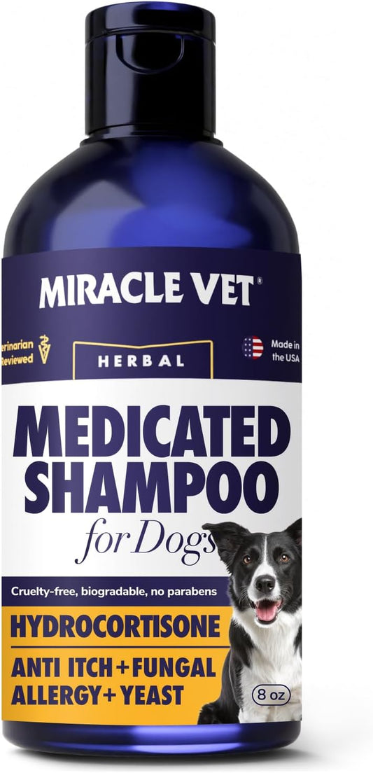 Miracle Vet Medicated Dog Shampoo for Itchy Skin Relief - Antifungal for Dog Allergy Relief, Yeast Infection, Hot Spot & Dry Skin Anti-Itch Treatment Wash - Hydrocortisone 8 Fl Oz