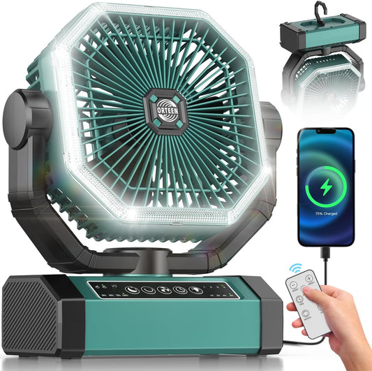 Portable Rechargeable Fan - 9-Inch Camping Fan for Tent, 20000Mah(60Hrs) Battery Operated Fan for Camping, Auto Oscillation Cordless Fans, Tent Fan with Remote/Light, 4 Speeds, 4 Timing, Outdoor