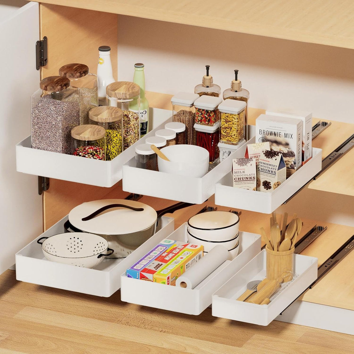 Creahaus 3 Pack Pull Out Drawers for Cabinets with Metal Slides, Easy to Install Cabinet Roll Out Shelves, Smooth Slide Out Drawers for Kitchen Cabinets with Nano Adhesive