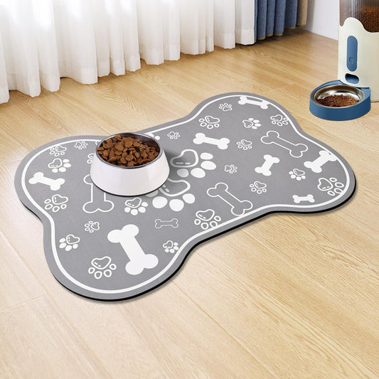 Dog Cat Food Mat,Rapid Absorbent Pet Feeding Mat, Bone Shaped Dog Placemat Water Bowl Mat with Rubber Backing,No Stains Dog Cat Food Mats Indoor, Pet Accessories Supplies 12"X18" Grey