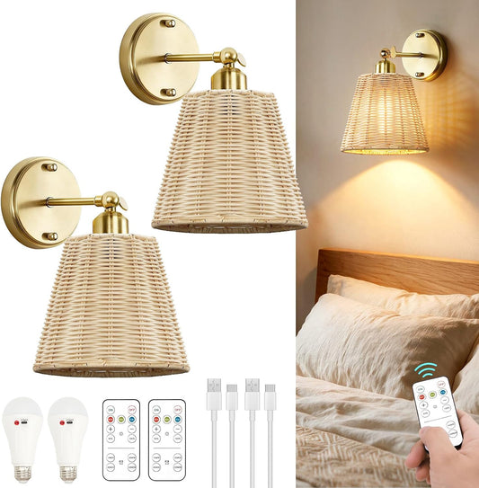 Frideko Rattan Rechargeable Battery Operated Wall Sconces Set of Two with Remote, 3 Colors Dimmable Wireless Wall Light, 5200Mah Indoor Wall Lamp with 4 Timer, Boho Sconces Wall Lighting for Bedroom