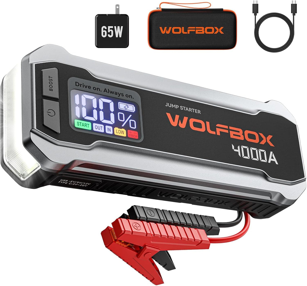 WOLFBOX 4000A Jump Starter,12V Car Battery Jumper Starter Portable with 65W Quick Charger,Led Display,88.8Wh Booster Jump Box Pack (10L Gas 10L Diesel Engine) with LED Light,Jumper Cables, MV24