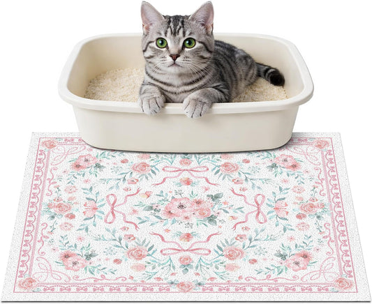 Cat Litter Mat 24"X15" for Litter Box, Non-Slip Washable Floor Mat with Litter Trapping Design, Scatter Control for Cats and Kittens, Pink