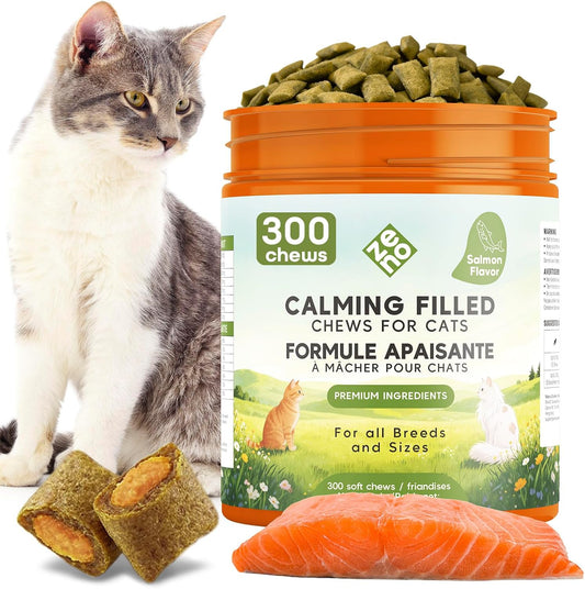 ZENO Hemp Calming Chews for Cats Anxiety 300 Pcs - Feline Anxiety Relief with Melatonin - for Stress, Travel, Check-Up, Restlessness or Separation - Crunchy & Creamy Salmon Cat Calming Treats
