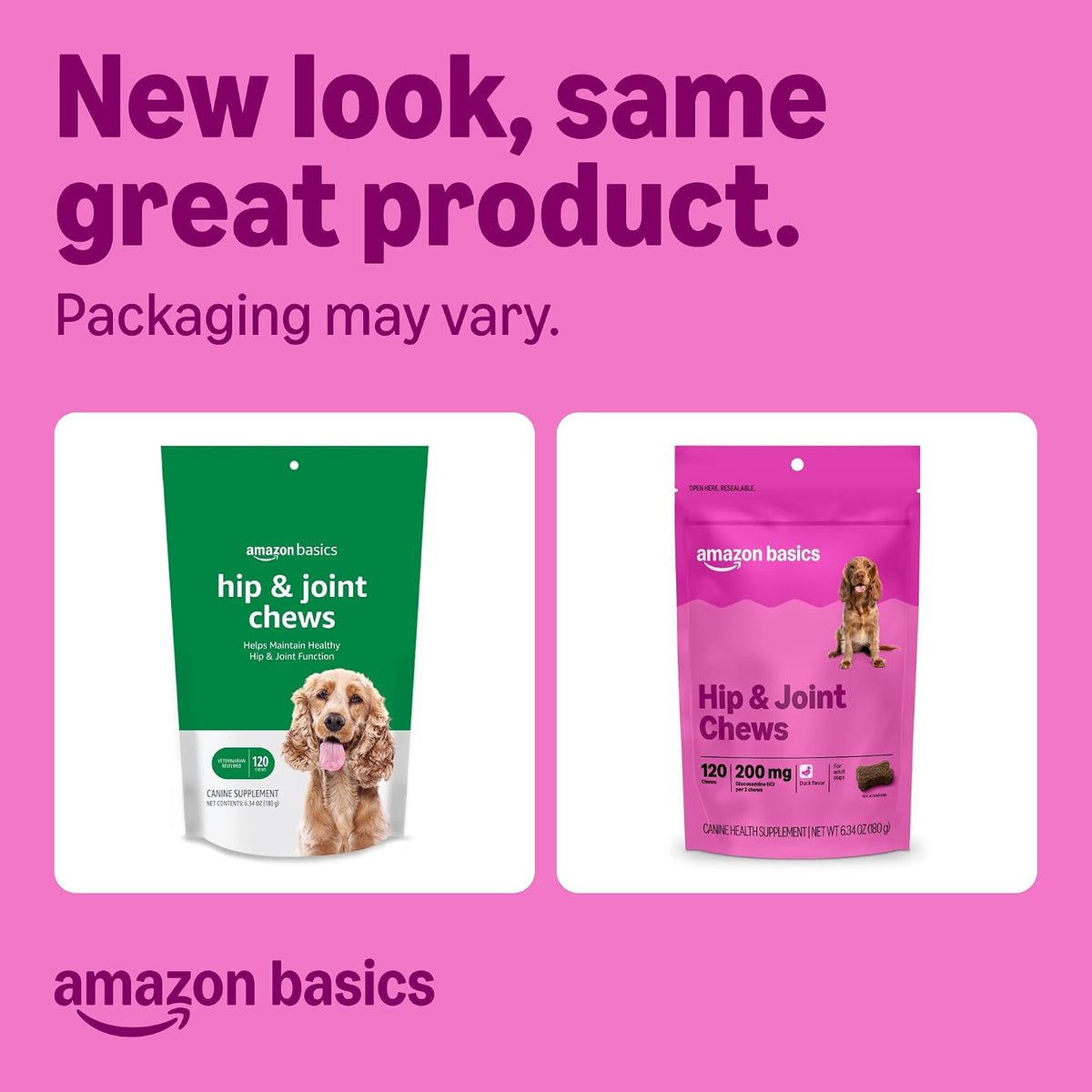 Amazon Basics Dog Hip & Joint Daily Supplement Chews with Glucosamine, MSM, and Vitamin C, Duck Flavored, 120 Count, Packaging May Vary