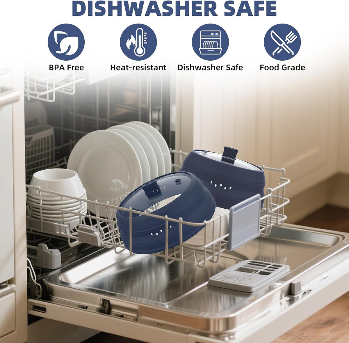 Microwave Splatter Cover Glass Guard Lid with Collapsible Silicone for Food Pot Plate Cover 9.8 Inch Dark Blue