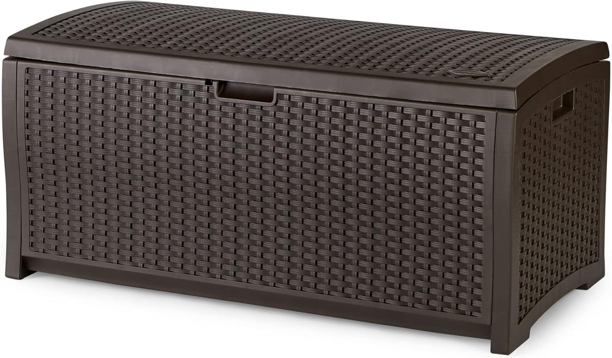 Suncast Outdoor Storage Box - 73 Gallon Mocha Brown Deck Box for Patio, Weather-Resistant Outdoor Storage Bench, Resin Wicker Style, Heavy-Duty, Lockable Lid for Cushions, Shoes, Pool & Garden Gear