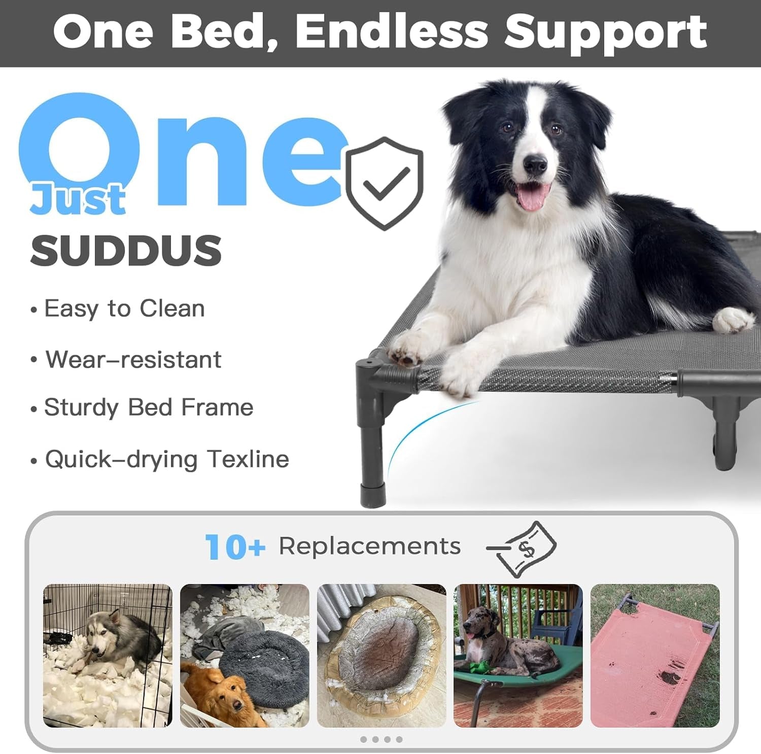 Suddus Elevated Dog Bed for Large Dogs 140Lb, Breathable Cooling Raised Dog Cot with Dual Support Bars & Metal Frame, No-Slip Feet, Waterproof Pet Bed for Indoor/Outdoor, X-Large, 48 * 36 * 9In, Grey
