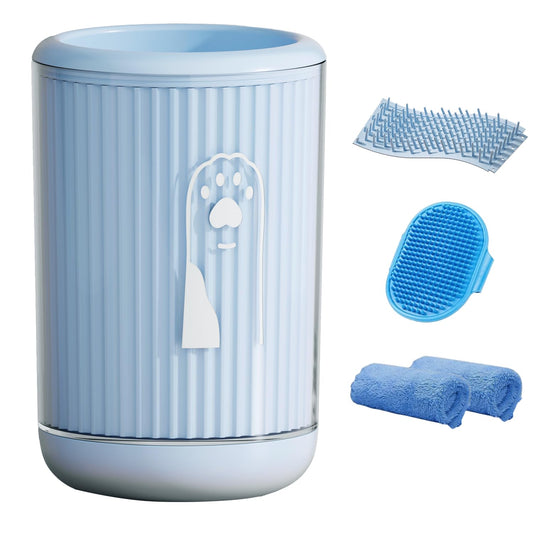 Compact Pet Paw Cleaner with 2 Absorbent Towels - Ergonomic Non-Slip Dog/Cat Foot Washer for Small & Medium Breeds, Portable Muddy Paw Cleaner Tool + Gentle on Puppy Paws - Blue