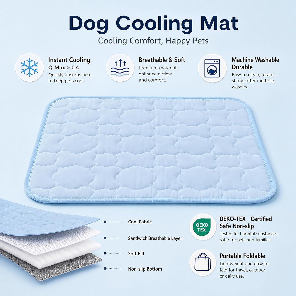 Pet Cooling Mat for Dogs, Breathable & Washable Cold Pad for Large Dogs, Thin & Portable Dog Bed for Crate Kennel Car Sofa Floor, Q-Max>0.4 Indoor Outdoor Summer Use, 36X24, Blue