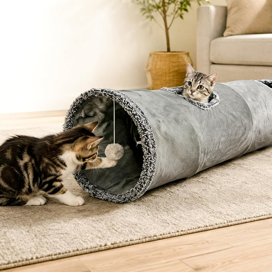 Cat Tunnel for Indoor Cats, 51 Inch Interactive Cat Tunnel Toy with Teaser Wand, Soft Suede Pet Tunnel Tube, Collapsible Breathable Cat Exercise Tunnel for for Big Cats,Rabbits and Puppy