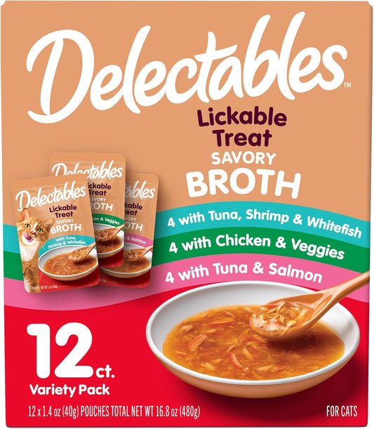 Delectables Lickable Treat Savory Broth Wet Cat Treat Variety Pack, Food Toppe, Hydrating, Grain-Free, No Fillers, No By-Products, No Added Preservatives, 1.4Oz Pouch, 12Ct