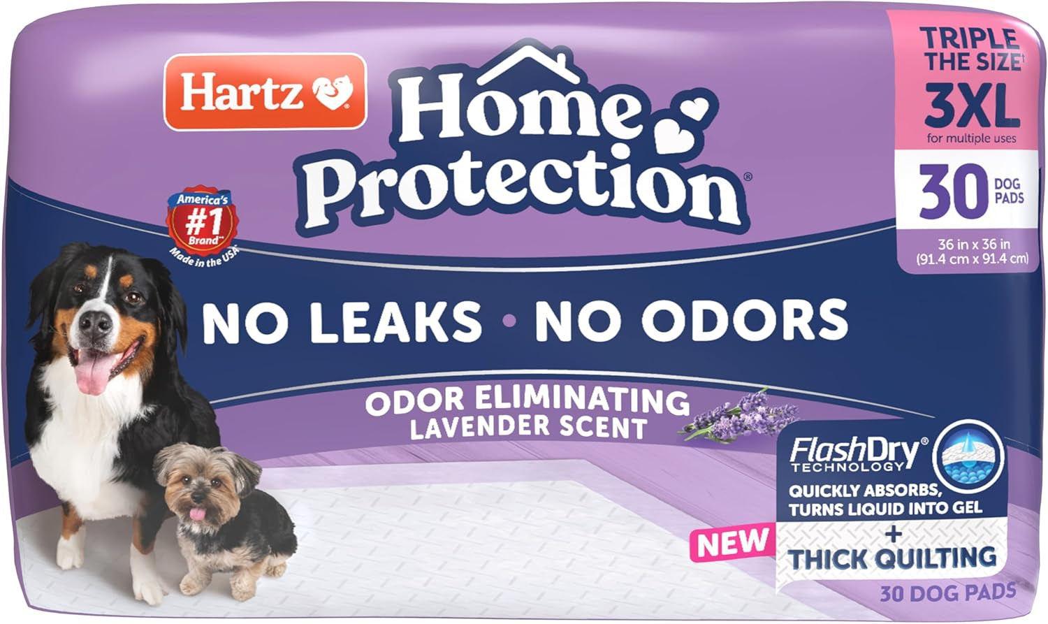 Hartz Home Protection Lavender Scent Odor Eliminating Dog Pads, 3XL, 30Ct | Thicker Quilted, Super Absorbent, Quick Drying, No Leaks, No Odors, Flashdry Technology