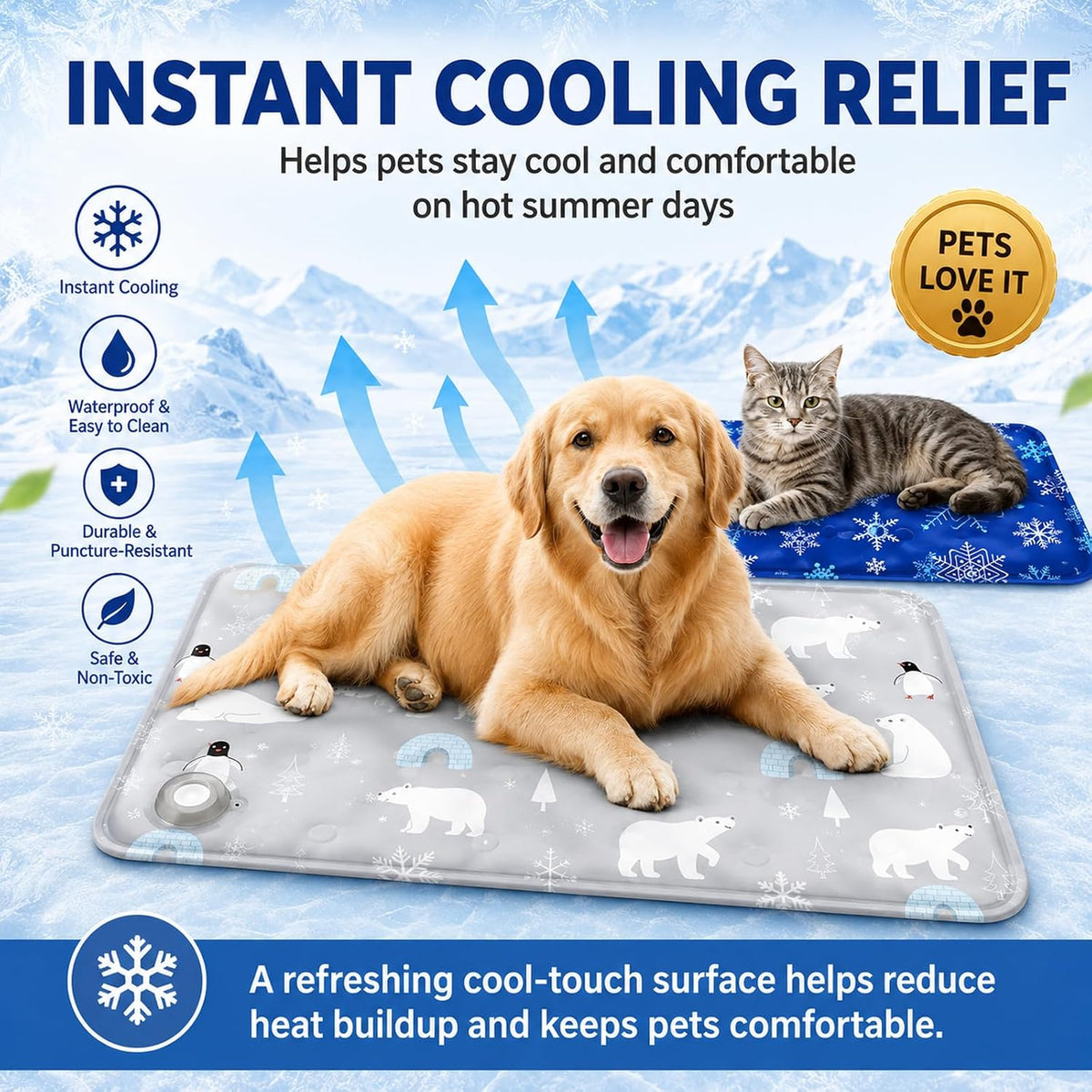 Pet Cooling Mat for Dogs & Cats (36"X24"), Non-Toxic Water-Activated Gel Ice Pad, Scratch Resistant & Leakproof Summer Dog Bed, Washable Seat Cushion for Pet, Sofa, Car (Snowflake Patterns)