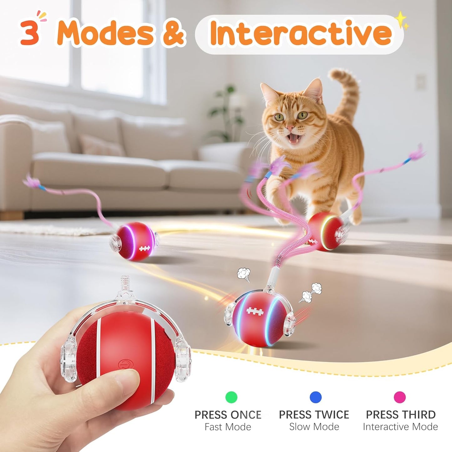 Interactive Cat Toys for Indoor Cats,3 Modes Electric Moving Cat Ball with Feather Tail,800Mah Large Capacity & Low Noise,Automatic Kitten Toys for Bored Indoor Adult Cats