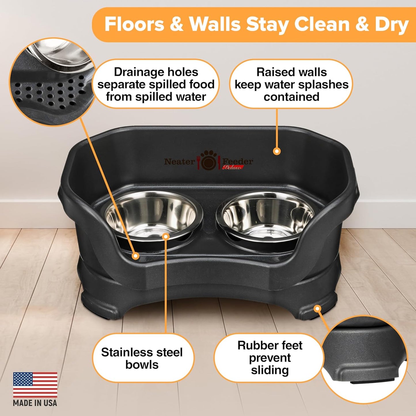 Neater Pet Brands Neater Feeder Deluxe Mess Proof Dog Bowls Elevated for Small Dogs under 19 Lbs, Made in USA, No Spill Raised Dog Food Bowl Stand Feeding Station, Food and Water Bowl Set, Black
