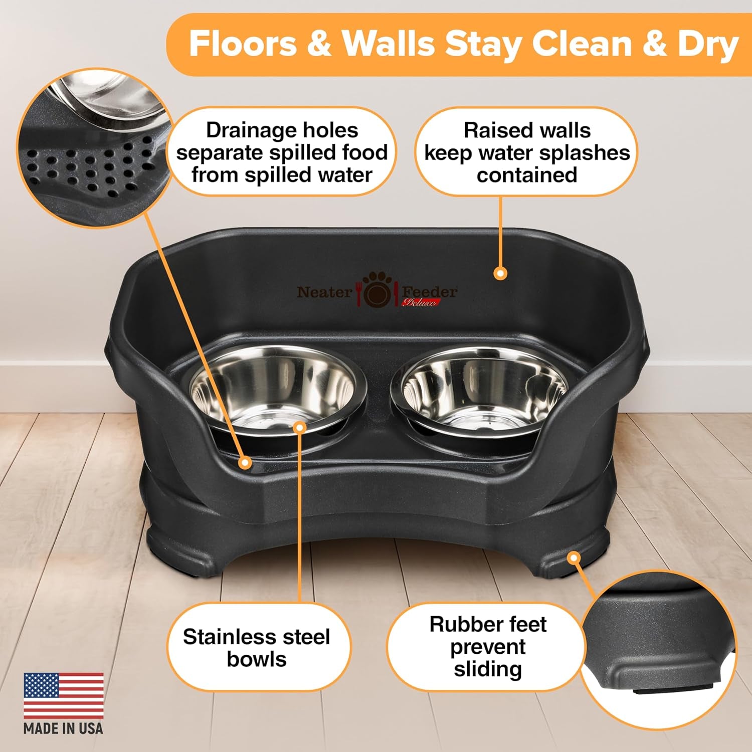 Neater Pet Brands Neater Feeder Deluxe Mess Proof Dog Bowls Elevated for Small Dogs under 19 Lbs, Made in USA, No Spill Raised Dog Food Bowl Stand Feeding Station, Food and Water Bowl Set, Black