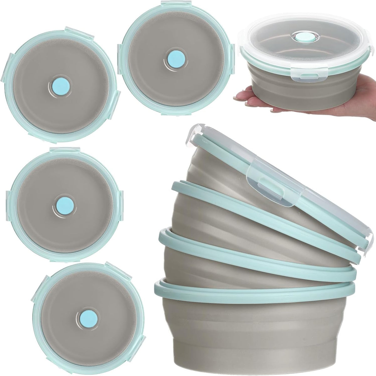 Suclain 4 Pcs Collapsible Bowls with Lids Silicone Camping Food Storage Container Expandable Folding Salad Lunch Box Travel Container for Hiking Camping