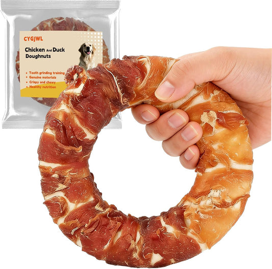 Dog Donut Treats,Chicken Duck Wrapped Rawhide Donuts(Plus Size),No Artificial Additives or Preservatives, Long-Lasting Dental Treat for Medium to Large Breeds,5.5Inc Diameter, (6Oz)