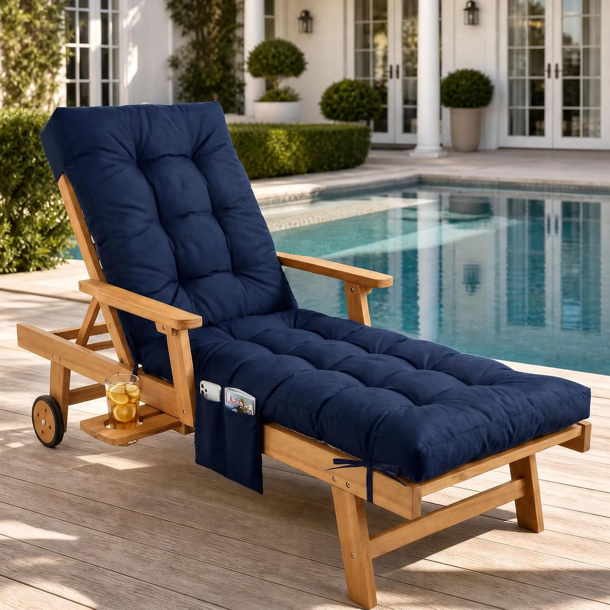 Yddsky Outdoor Chaise Lounge Chair Cushion,Lounge Chair Cushions Thickened with Headrest and Pocket,Waterproof Replacement Patio Pool Lounge Chair Cushion for Outdoor Furniture with Ties,Navy Blue