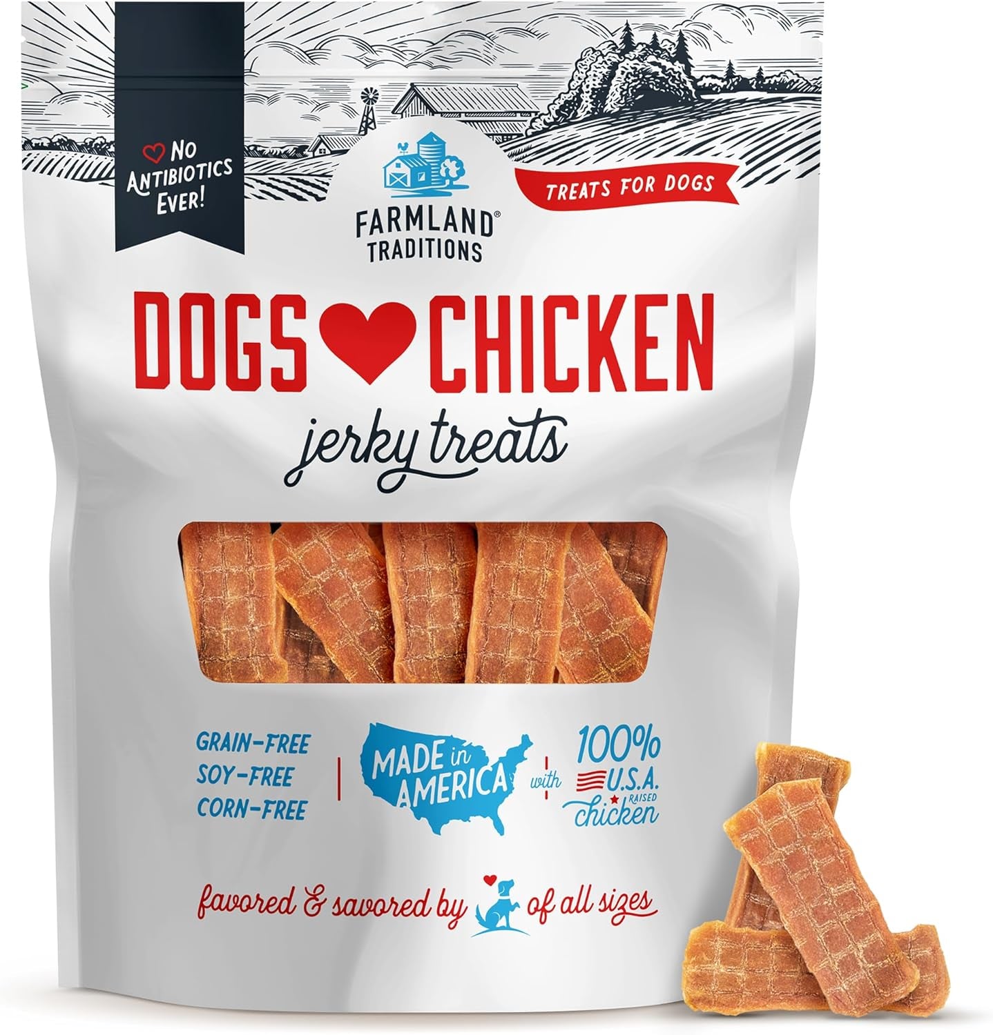 Farmland Traditions Dogs Love Chicken Jerky Dog Treats, Premium Two-Ingredient Dog Jerky with Usa-Raised Chicken & No Antibiotics Ever, 3 Pound (Pack of 1) Bag.