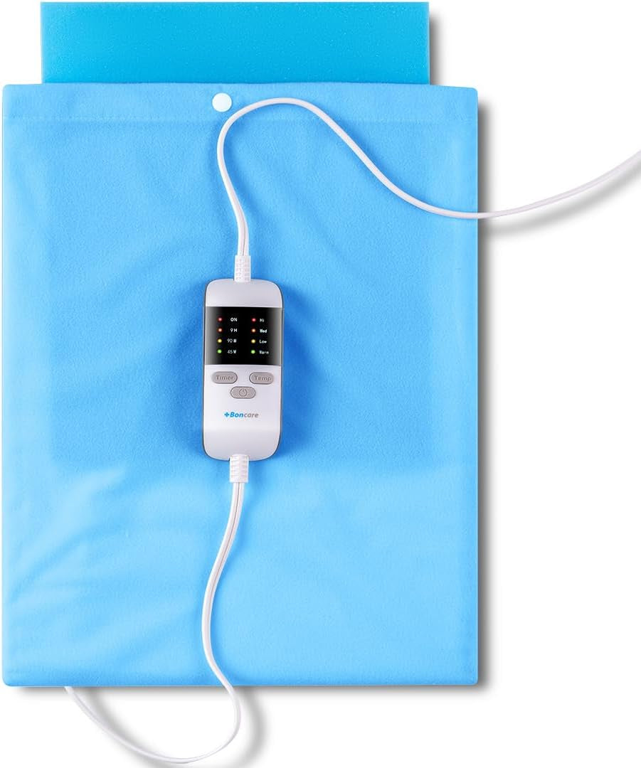 Boncare® Vinyl Small Heating Pad NO Auto Shut off for Back Pain Relief and Cramps, High and Low Temperature Settings Hot Electric Heat Pad with Washable Cover Blue (12"X 15")