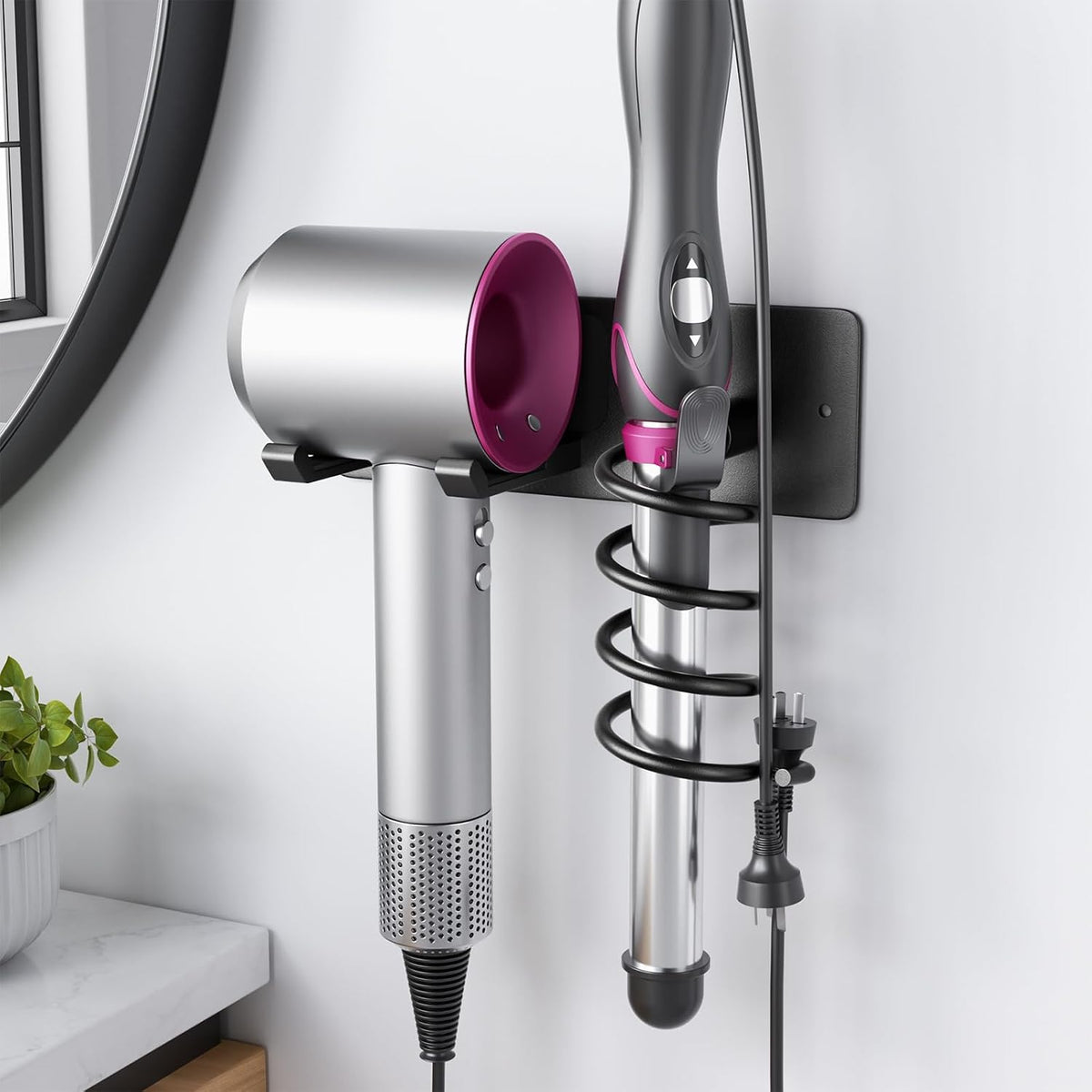 Tindbea Hair Dryer Holder + Curling Iron Holder,Blow Dryer Holder Wall Mount, Bathroom Hair Tool Organizer Rack for Universal Dryer Matte Black