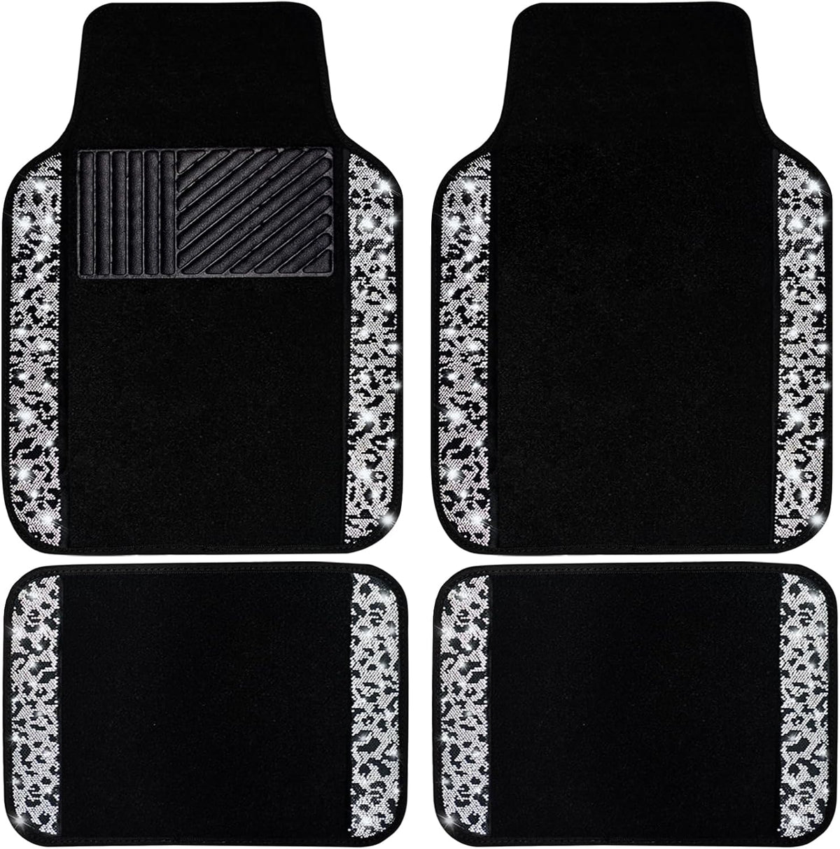NBTEPEM Bling Snow Leopard Car Floor Mats Full Set, 4 Pcs Waterproof Diamond Car Carpet Mats with Anti-Slip Nibbs Backing & Driver Heel Pad Universal Fit Most Cars, SUV, Sedan, Van (Snow Leopard)