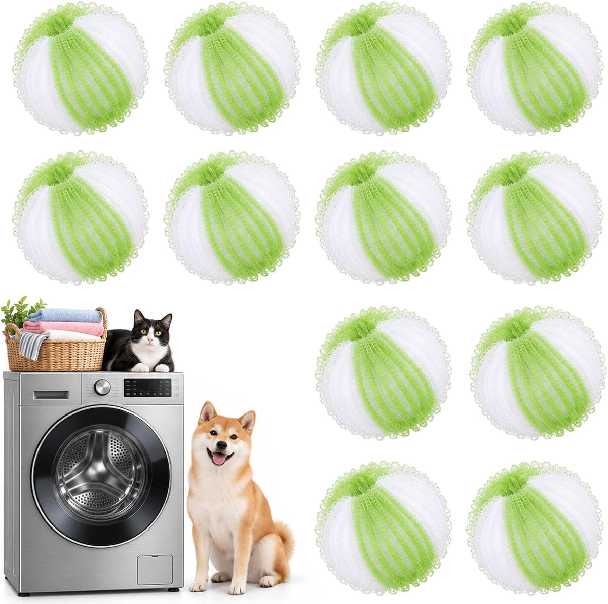 12 Pack Pet Hair Remover for Laundry, Laundry Hair Catcher Balls for Washer & Dryer, Dog & Cat Fur Remover for Clothes, Bedding & Blankets, Reusable Laundry Balls with Nylon Loop Design