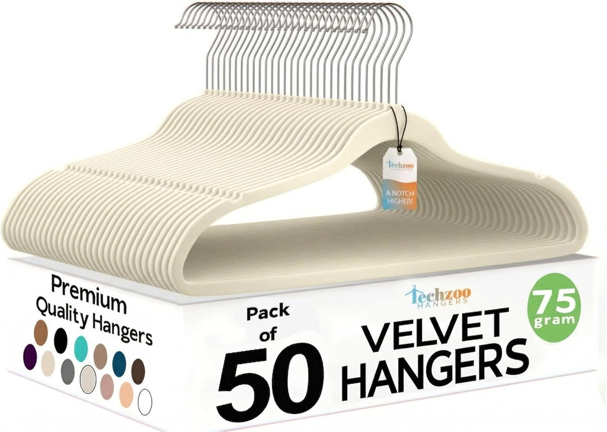 Techzoo 50 Pack New Premium Quality Velvet Hangers Ultra Thin Non Slip Adult Felt Space Saving Hangers for Closet Heavy Duty Coat Pants Jackets Dress Hangers 360° Swivel Hook Hold Upto 10 Lbs Ivory