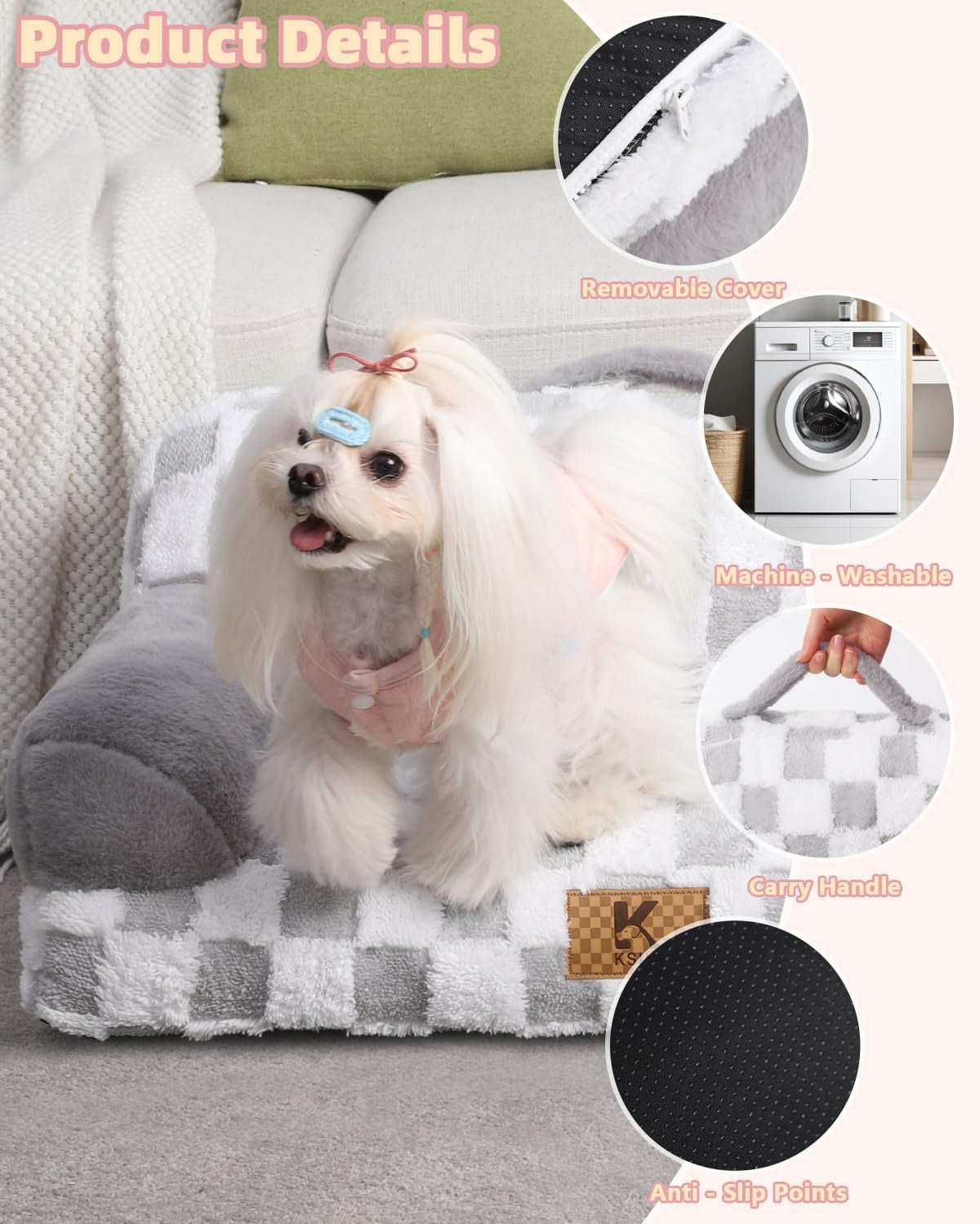 KSIIA Dog Bed Small Dog Beds Waterproof Cat Couch with Supportive Armrests for Puppy and Kitten Pet Couch Machine Washable Pet Sofa with Removable Cover & Anti-Slip Bottom, 26 X 14.5 In, Grey