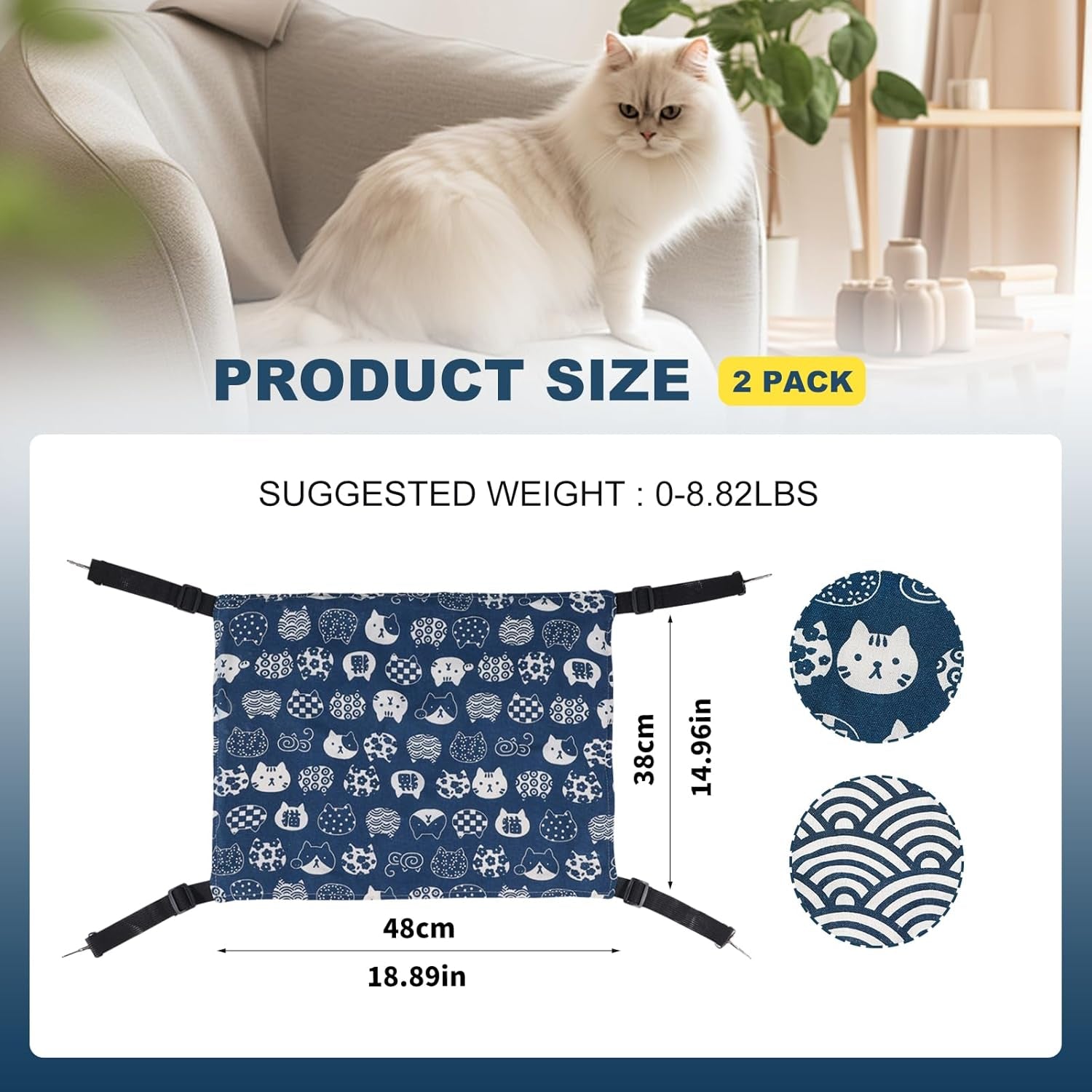 BCHARYA 2 Pieces Cat Hammock for Cage Hanging Reversible, Soft Pet Cage Hammock with Adjustable Straps, Double Hammock Suitable for Cats, Puppy, Ferrets, and Small Animals (M, CAT) ﻿