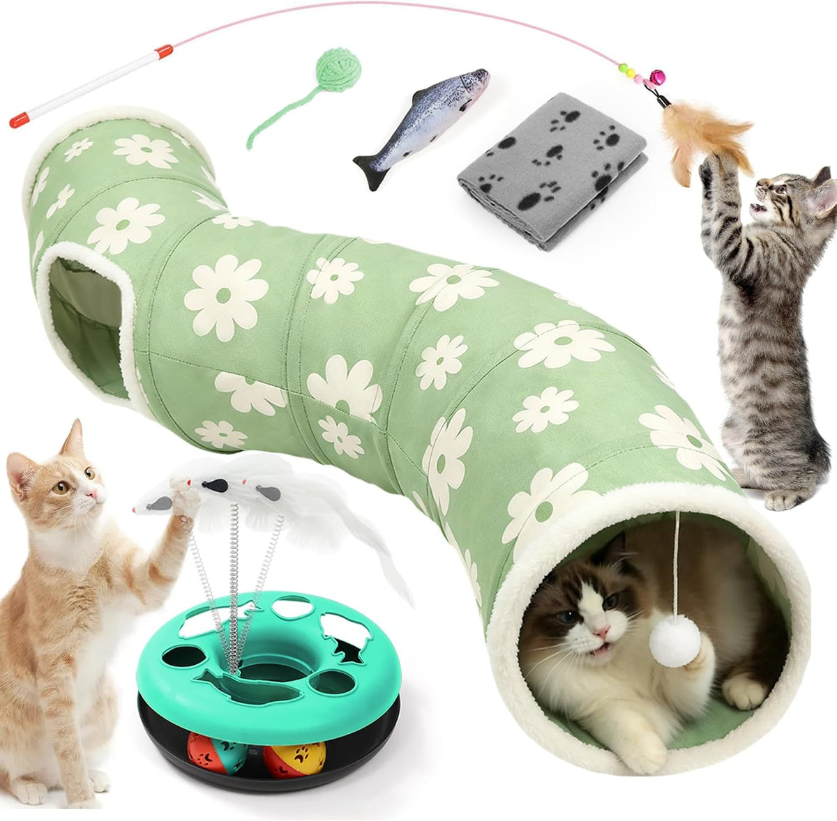 Cat Tunnels for Indoor Cats, 6-In-1 Collapsible Play Tunnel, Green