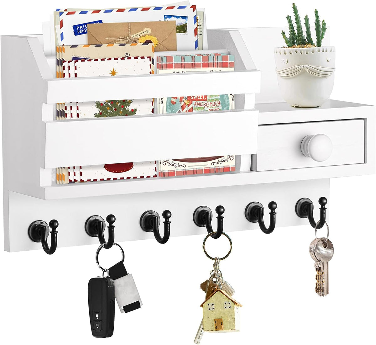 VIS'V Key Holder Wall Mount, Wooden Mail and Key Organizer, White