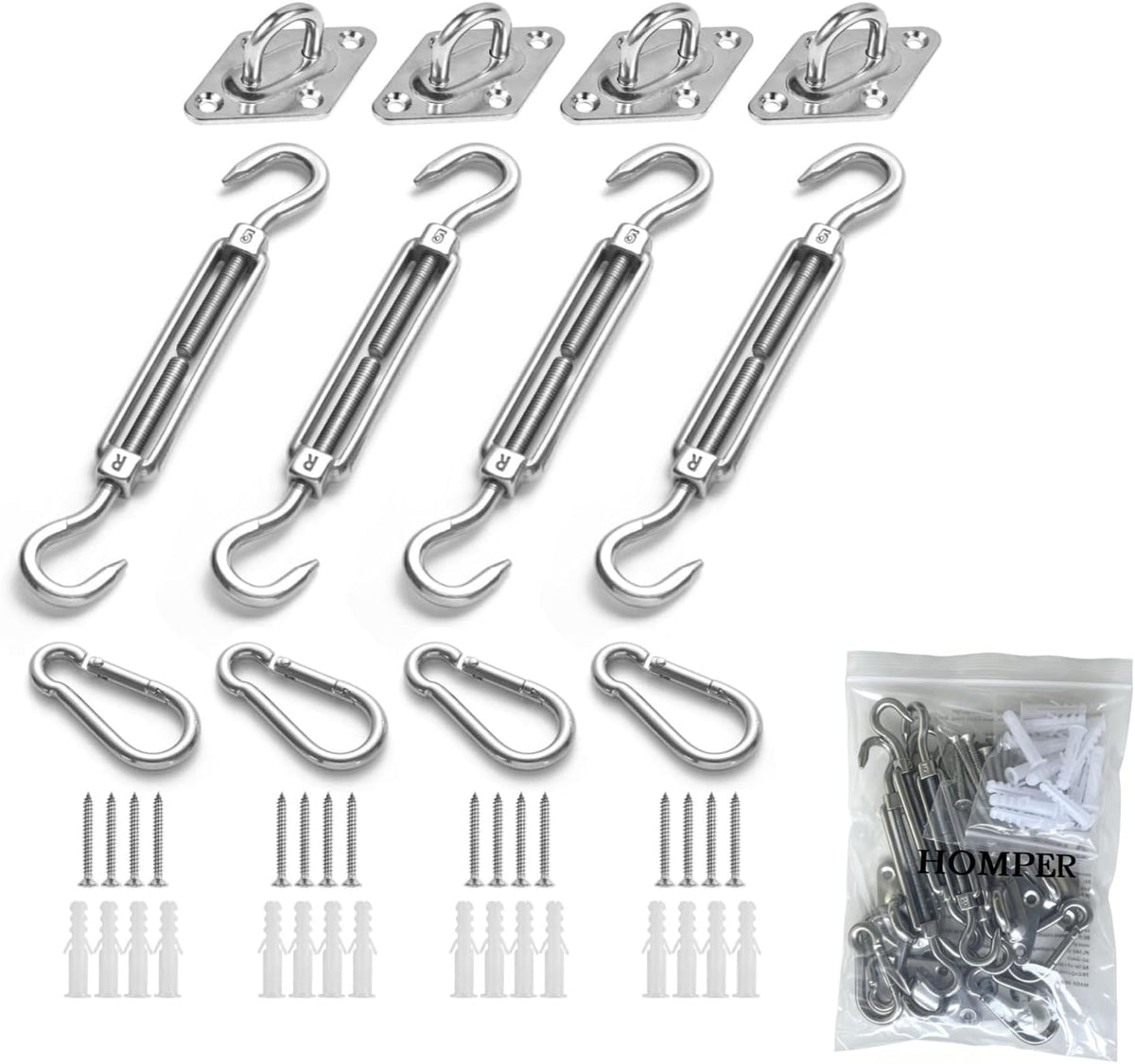 HOMPER Awning Attachment Set, Heavy Duty Sun Shade Sail Stainless Steel Hardware Kit for Garden Triangle and Square, Rectangle, Fixing Accessories