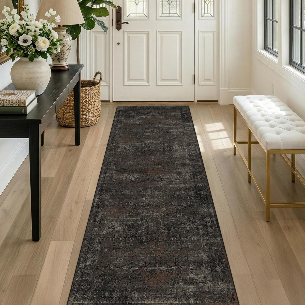 Black 2'6" X 8' Washable Hallway Runner Rug, Non Slip Long Kitchen Runner, Dark Charcoal Low Pile Stain Resistant Rug for Entryway, Bathroom & Laundry Room
