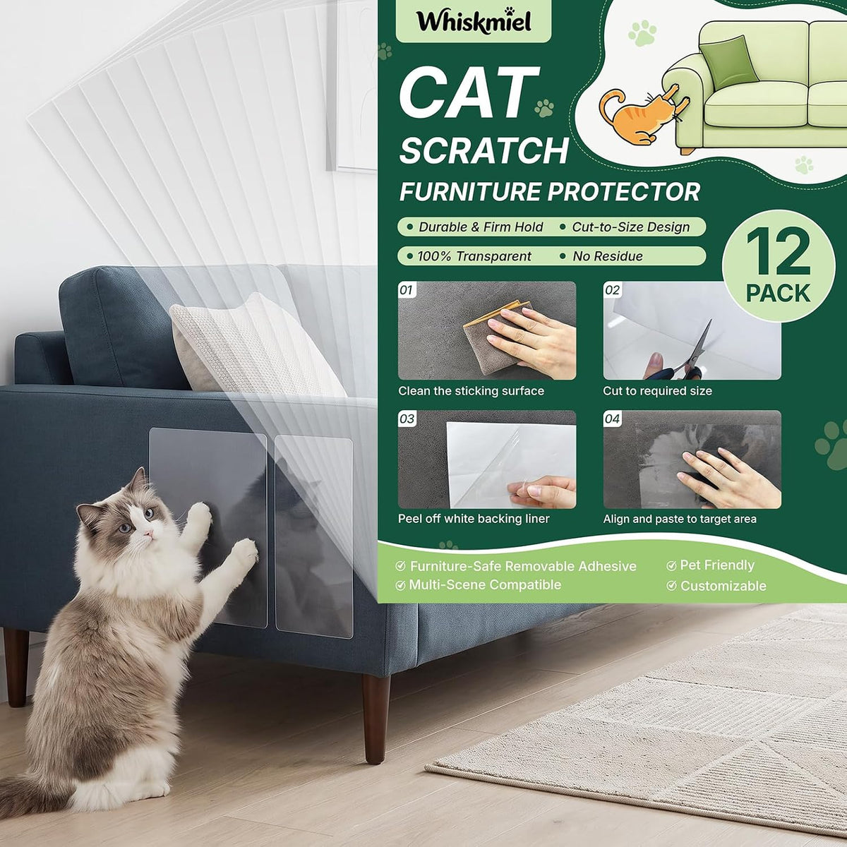 Cat Scratch Furniture Protector No Pins Self Adhesive, 12 Pack