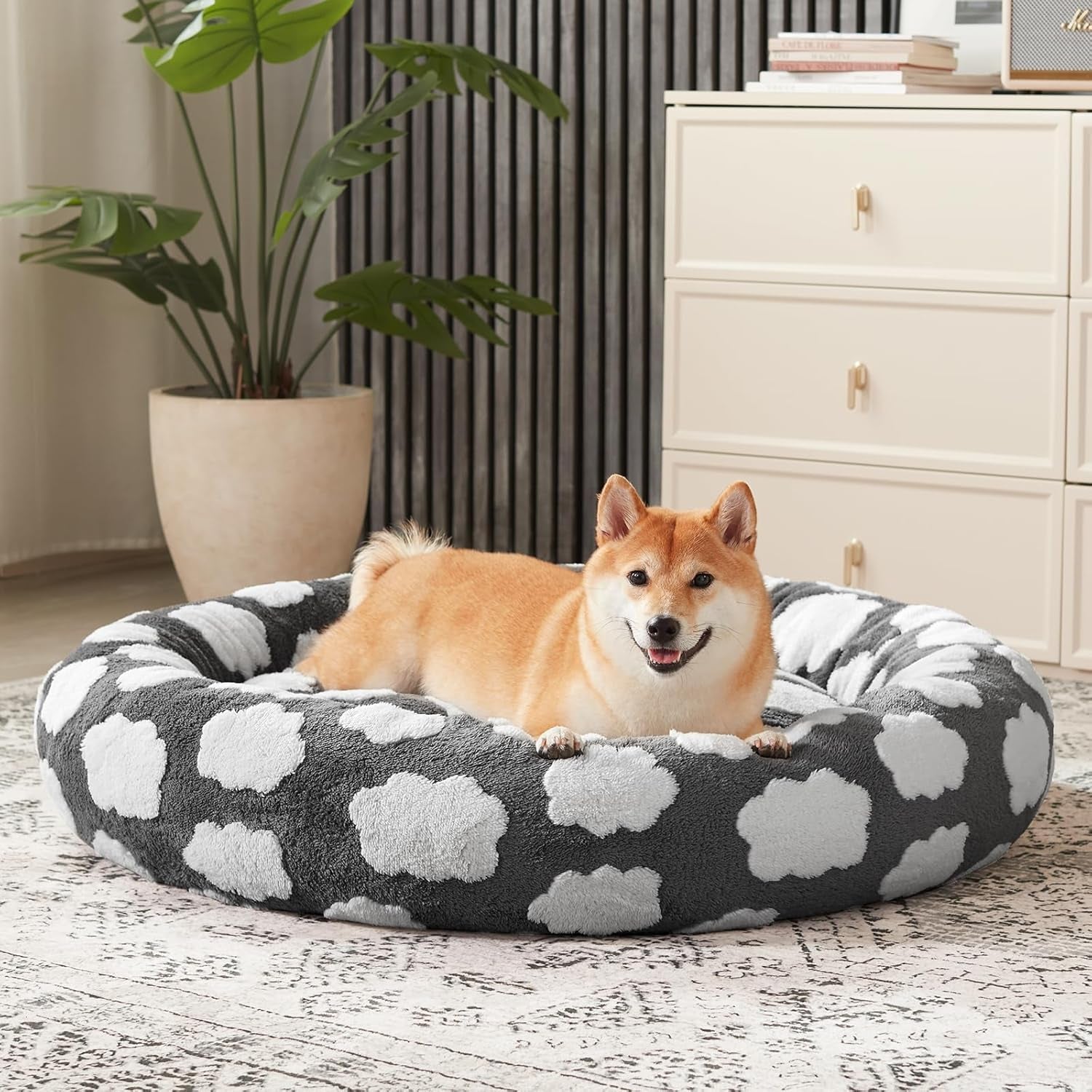 JOEJOY Donut Dog Bed Medium Size Dog, Cute round Calming Pet Bed with Removable Washable Cover, Orthopedic Puppy Bed with Jacquard Shaggy Plush & Non Skid Bottom