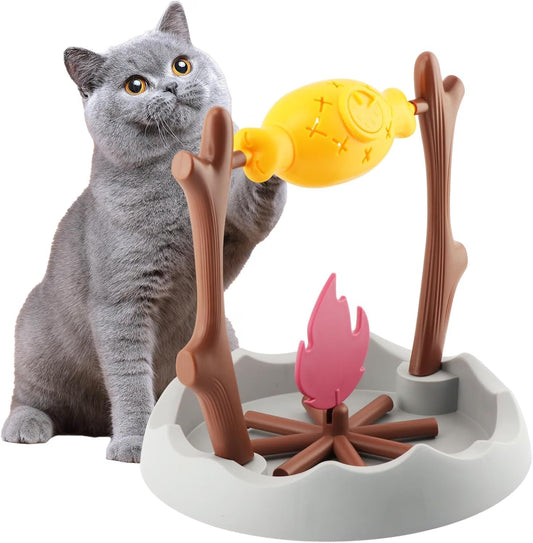 Cat Slow Feeder Puzzle Toy BBQ Campfire‑Grill Style Adjustable Rotating Treat Dispenser Interactive Enrichment Food Toy for Indoor Cats and Kittens
