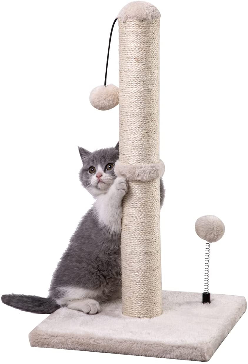 MECOOL Cat Scratching Post Premium Basics Kitten Scratcher Sisal Scratch Posts with Hanging Ball 22In for Kittens or Smaller Cats (22 Inches for Kitten, Beige)