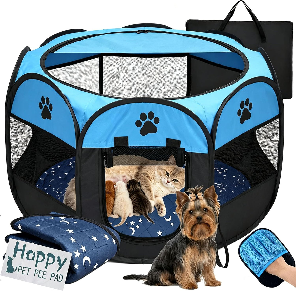 Whelping Box for Cats, Pop-Up Playpen for Kittens and Mom with Washable Starry Moon Pad & Grooming Glove, 3-In-1 Portable Cat Delivery Room & Pet Nursery Pen for Indoor Cats Dogs