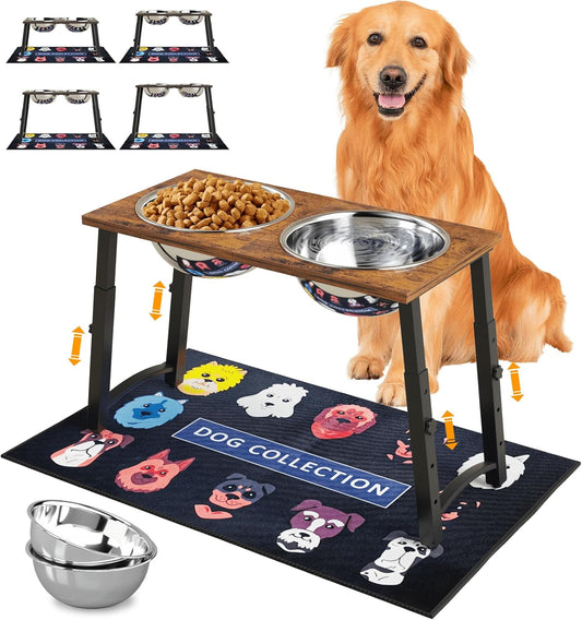 Elevated Dog Bowls for Large Extra Large Dogs with Mat, 4 Height Adjustable, 2 Stainless Steel Dog Bowls 3000Ml,101Oz