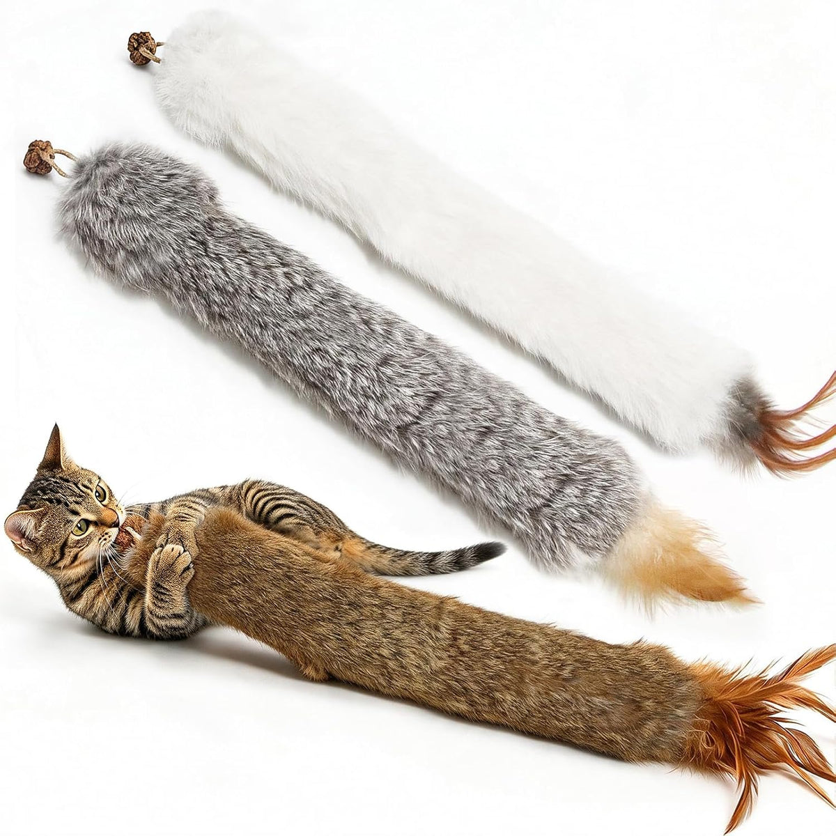 Rabbit Fur Cat Kicker Toys Feather Silvervine Kitten Teething Toys 3 Pack