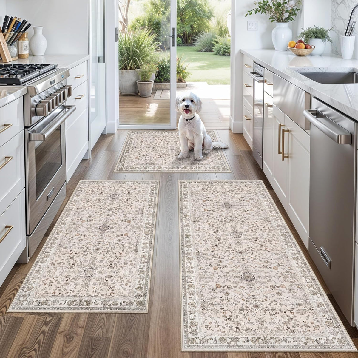 3-Piece Kitchen Rug Set of 3 with Runner – Non Slip Washable Boho Kitchen Mats for Sink, Floor, Entryway & Hallway & Bathroom – Soft Small Throw Area Rugs, Home Decor (Beige,2X3+2X4+2X5)